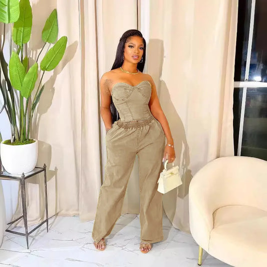 Des Backless Top and Wide Leg Jeans Set