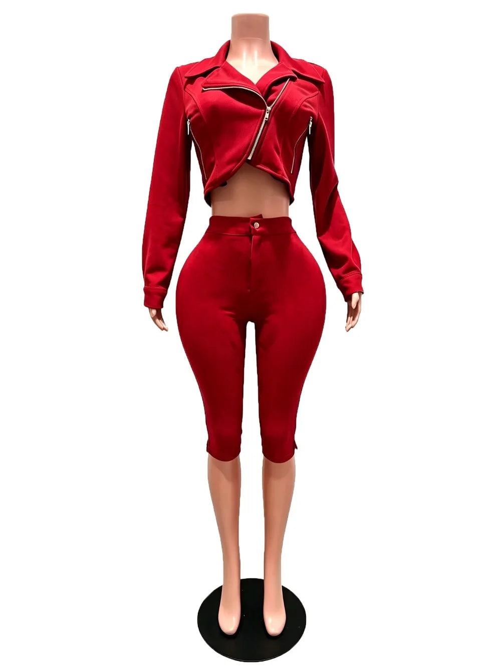 Suede Zip Crop Jacket and Capri Pants Set