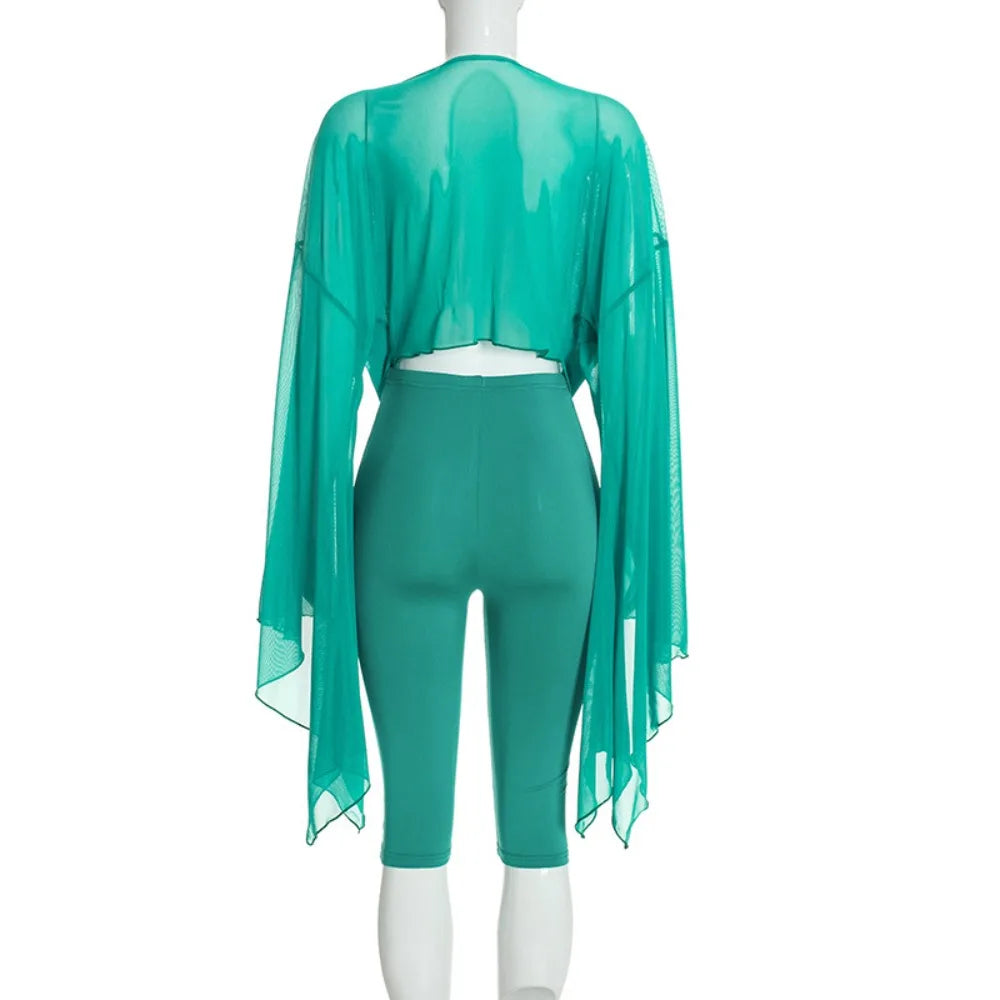 Mesh V-Neck Flare Sleeve Two-piece Set