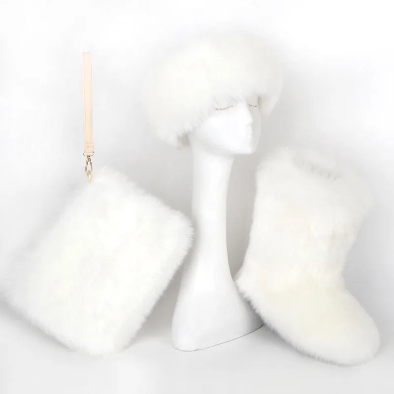 Fox Fur Snow Boots Headband and Handbag Set