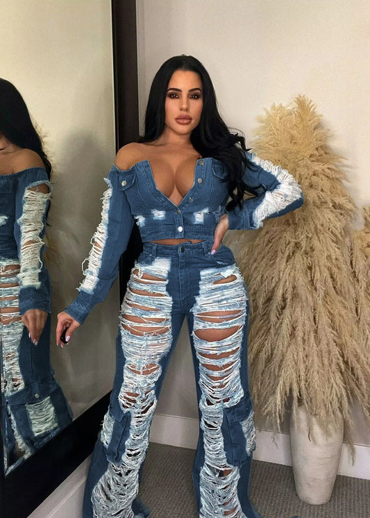 Ripped High Waist Cargo Pocket Jeans