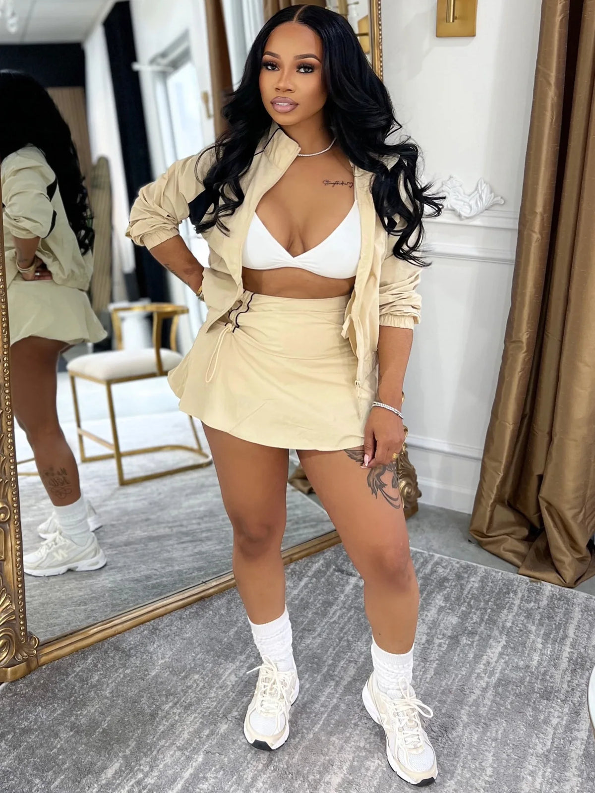 Drawstring Crop Top and Skirt Matching Set