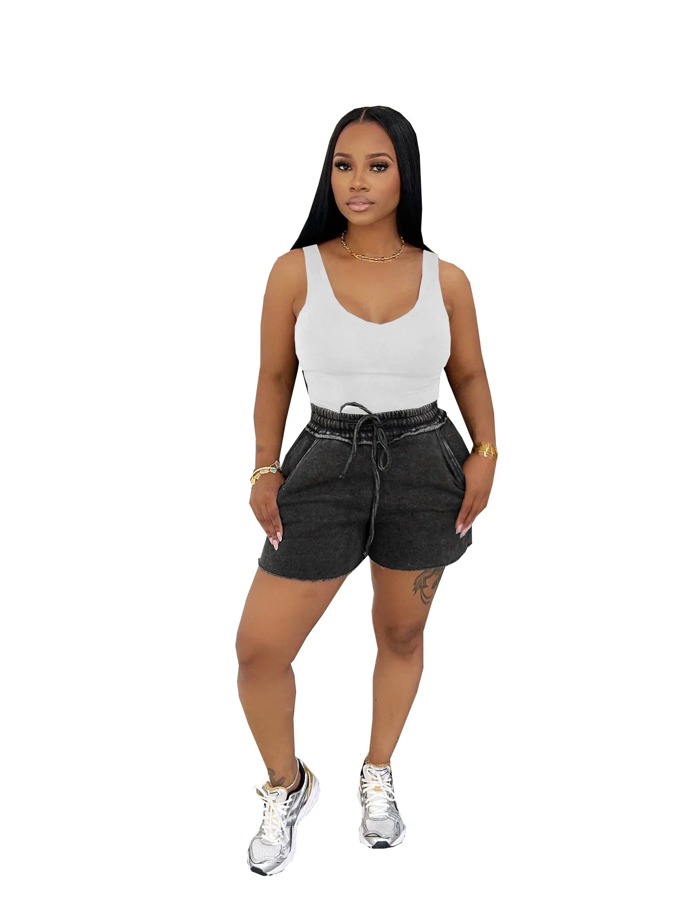 Distressed Mini Drawstring Loose Short Set.