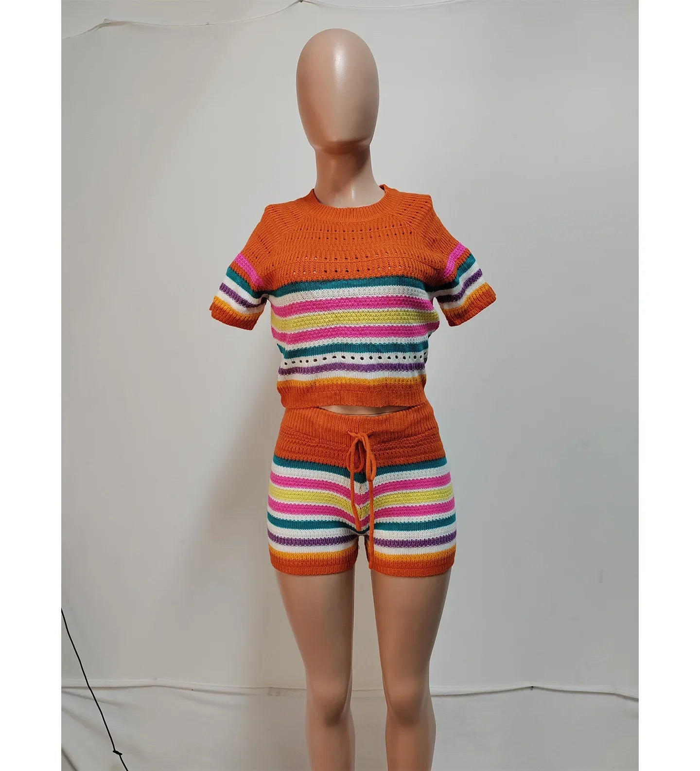 Cute Knit Striped Two-Piece Short Set