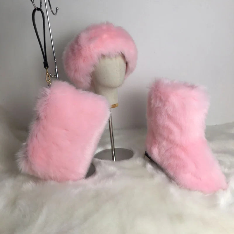 Fox Fur Snow Boots Headband and Handbag Set