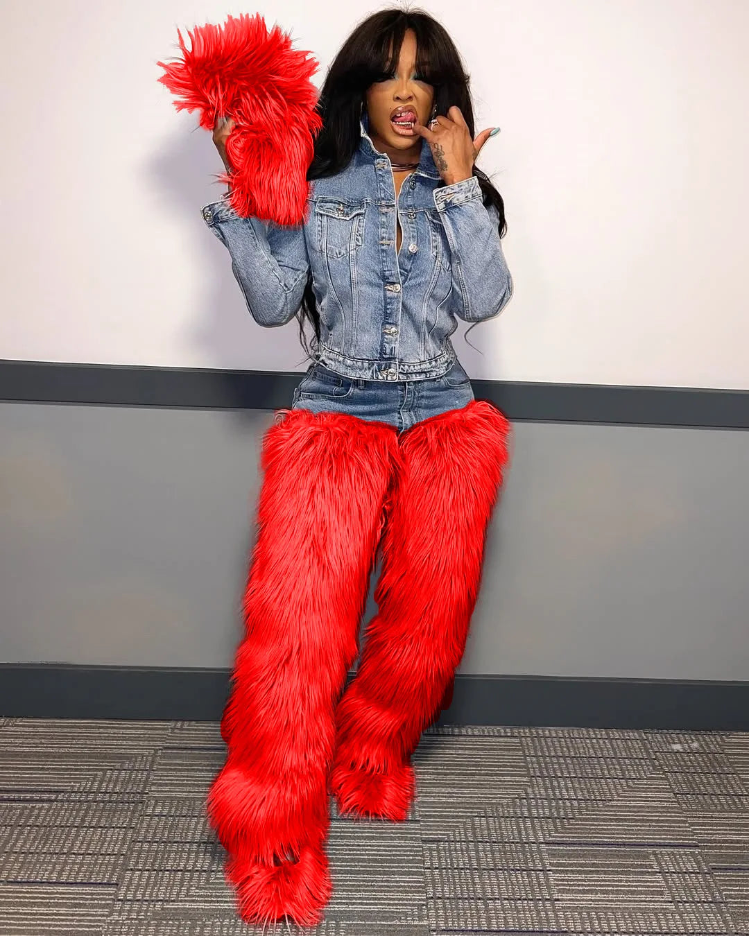 Denim Fur Bodycon High Waist Pants