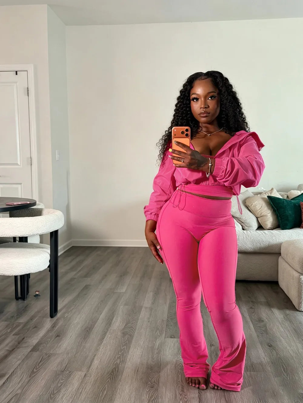 Sporty Drawstring Jacket and Pants Set