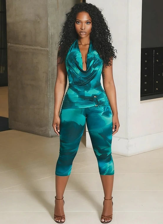 Print V-Neck Halter Two-Piece Set