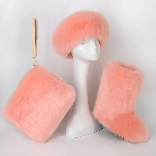 Fox Fur Snow Boots Headband and Handbag Set