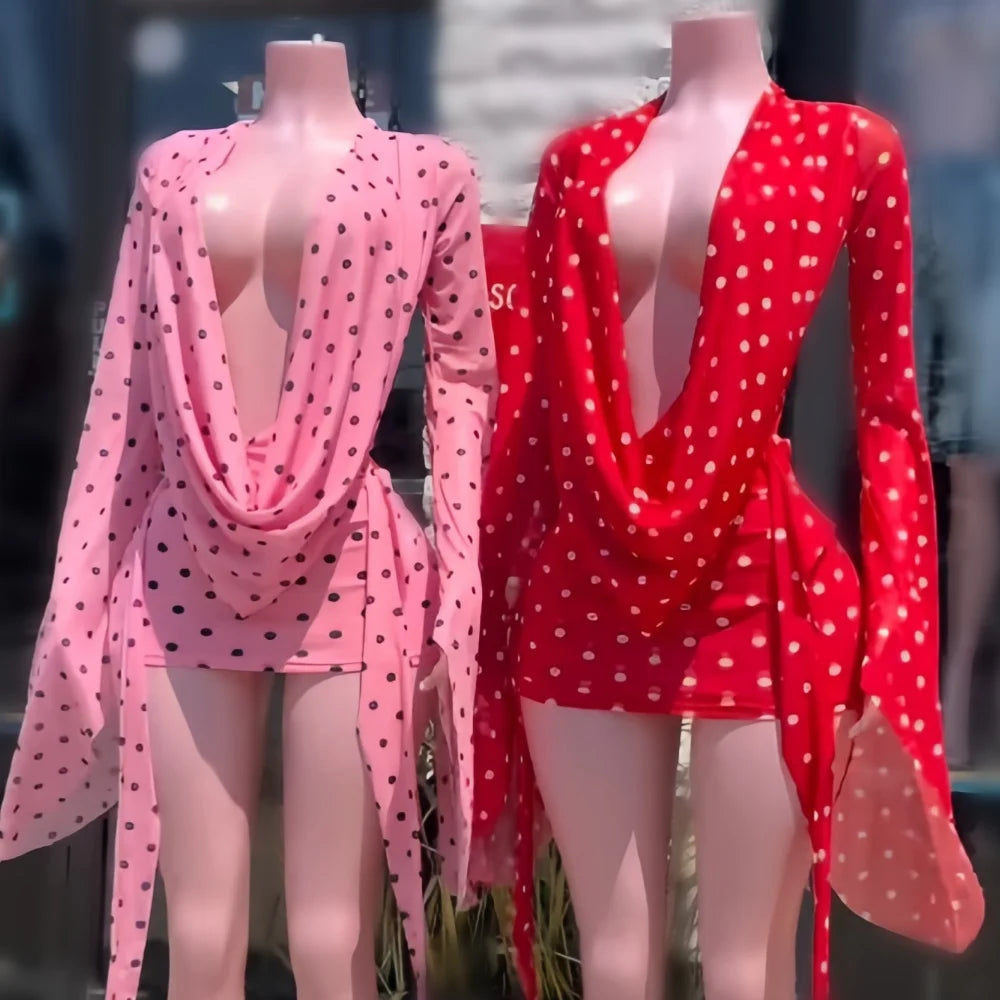 Polka Dot V-neck Batwing Dress