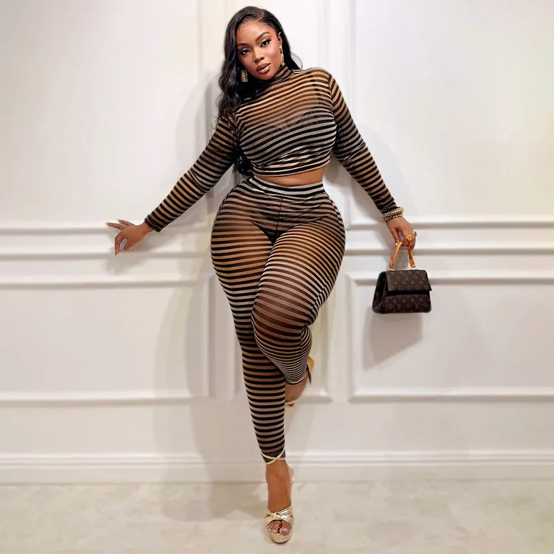 Striped Mesh See Through Bodycon Set