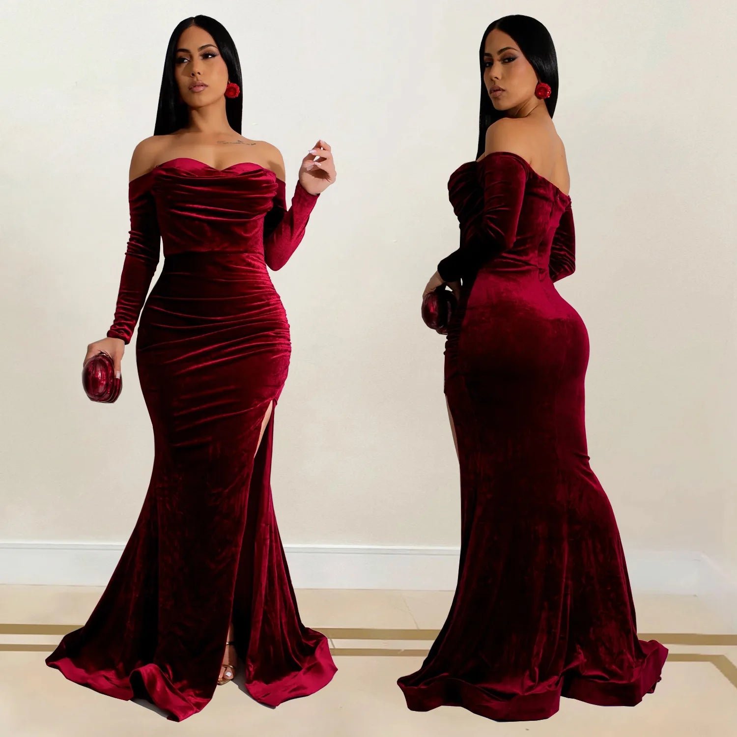 Velvet Off Shoulder Bodycon Maxi Dress.