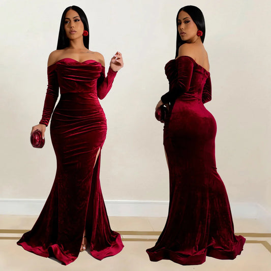 Velvet Off Shoulder Bodycon Maxi Dress