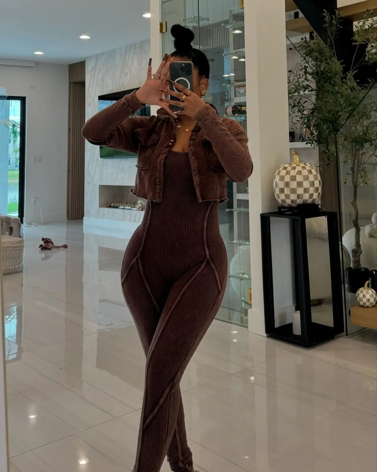 Ribbed Long Sleeve Crop Jacket + Bodycon Jumpsuit.