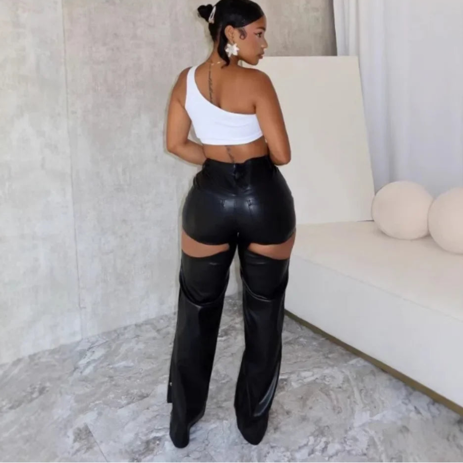 Leather Peek a boo Hollow Button Pants