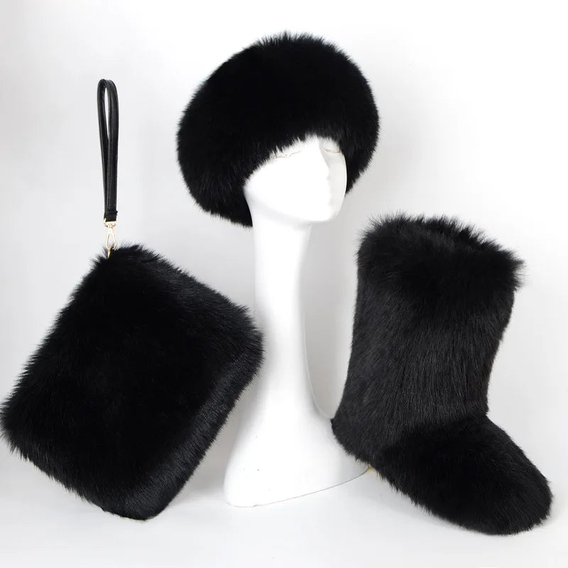 Fox Fur Snow Boots Headband and Handbag Set