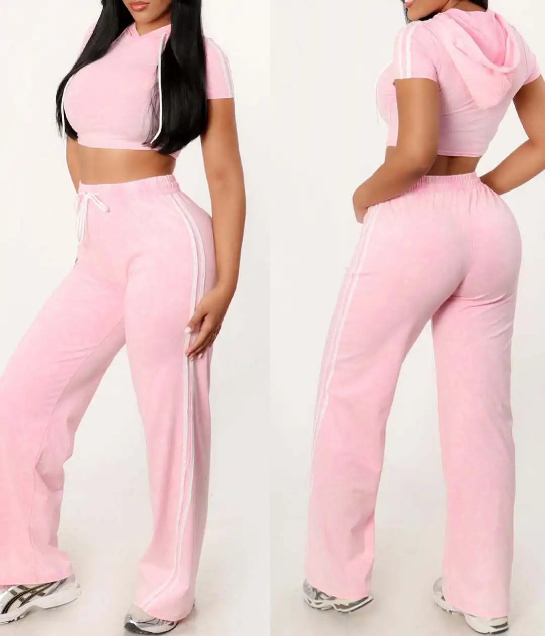 Cute and Comfy Two-Piece Stripe Crop Top and Pants Set.