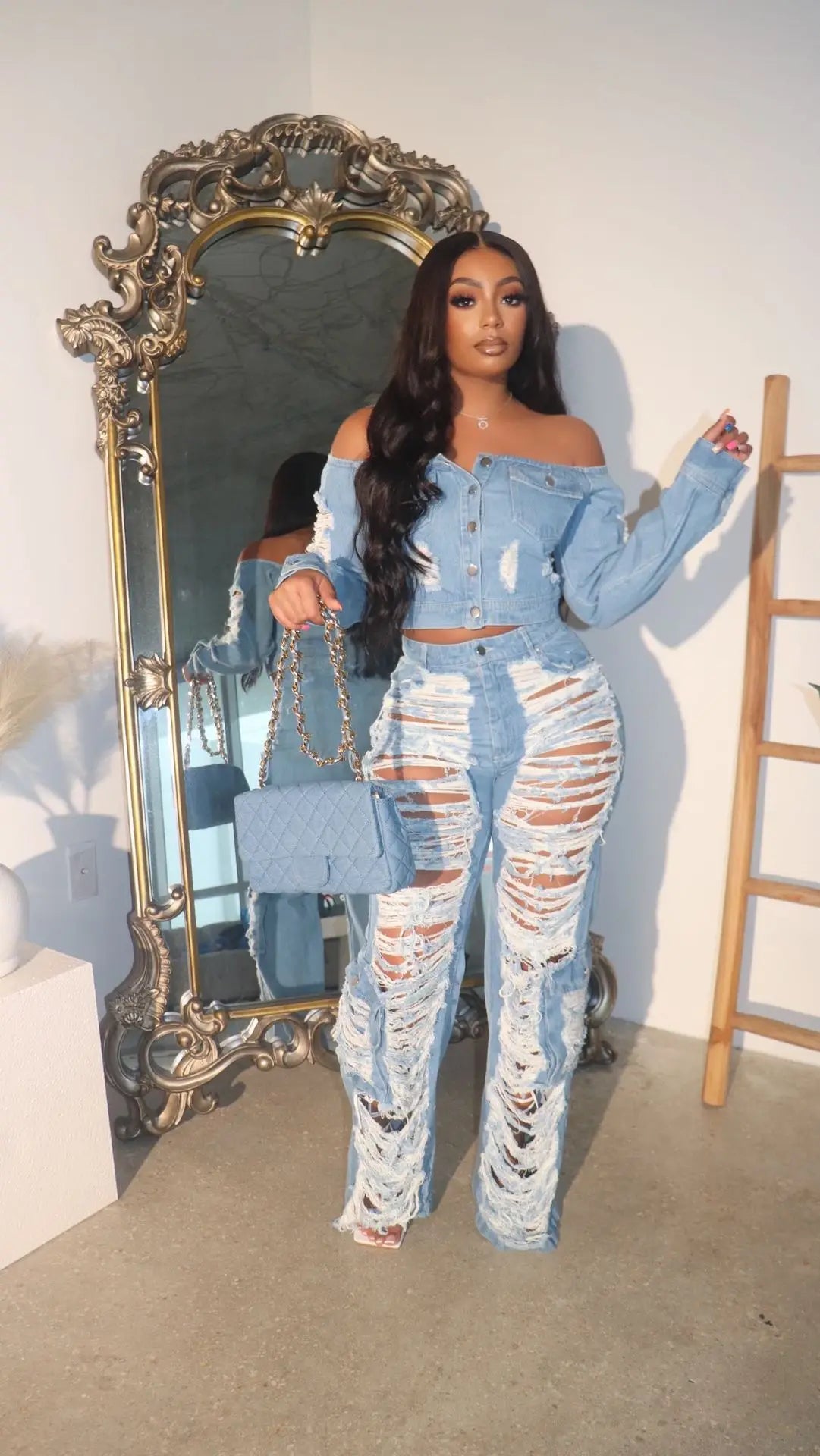Ripped High Waist Cargo Pocket Jeans