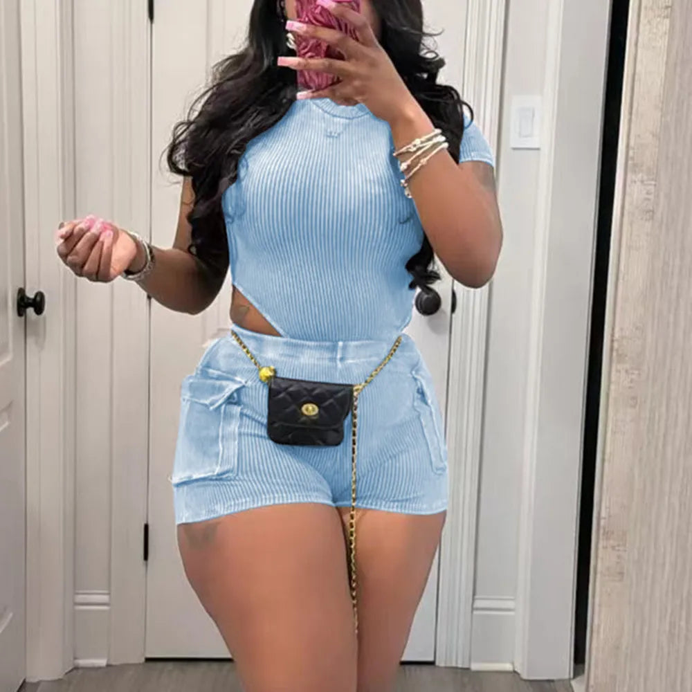 Stretchy Bodysuit Pockets Short Set