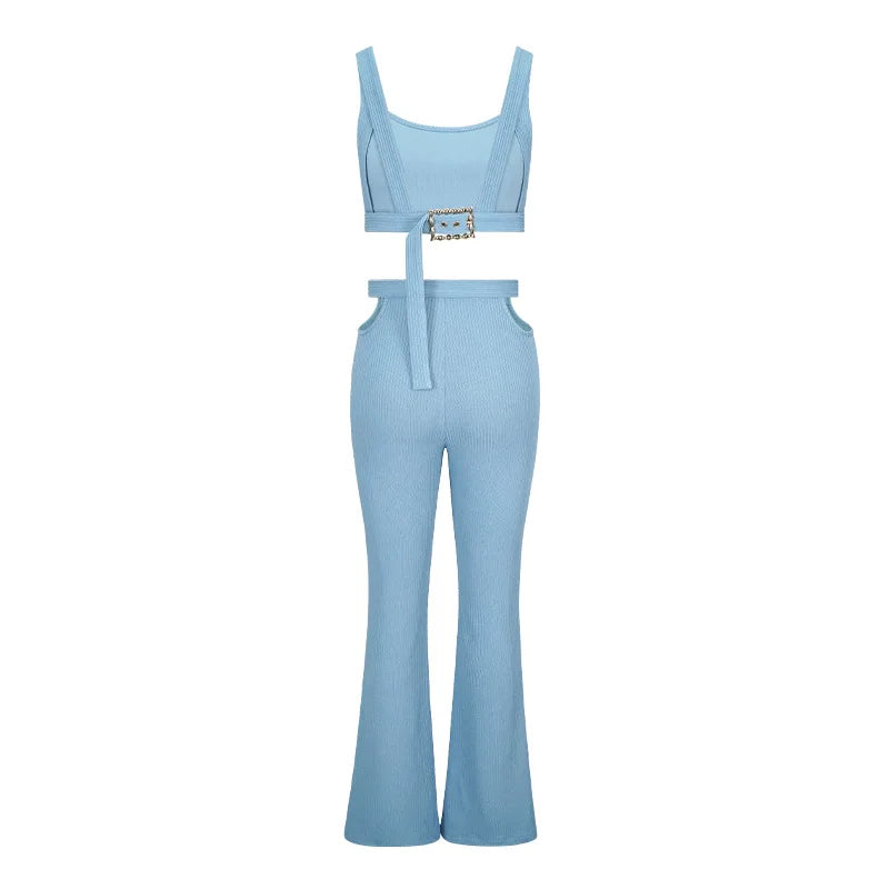 Kia Cutout Waist Belt Flare Pants Set