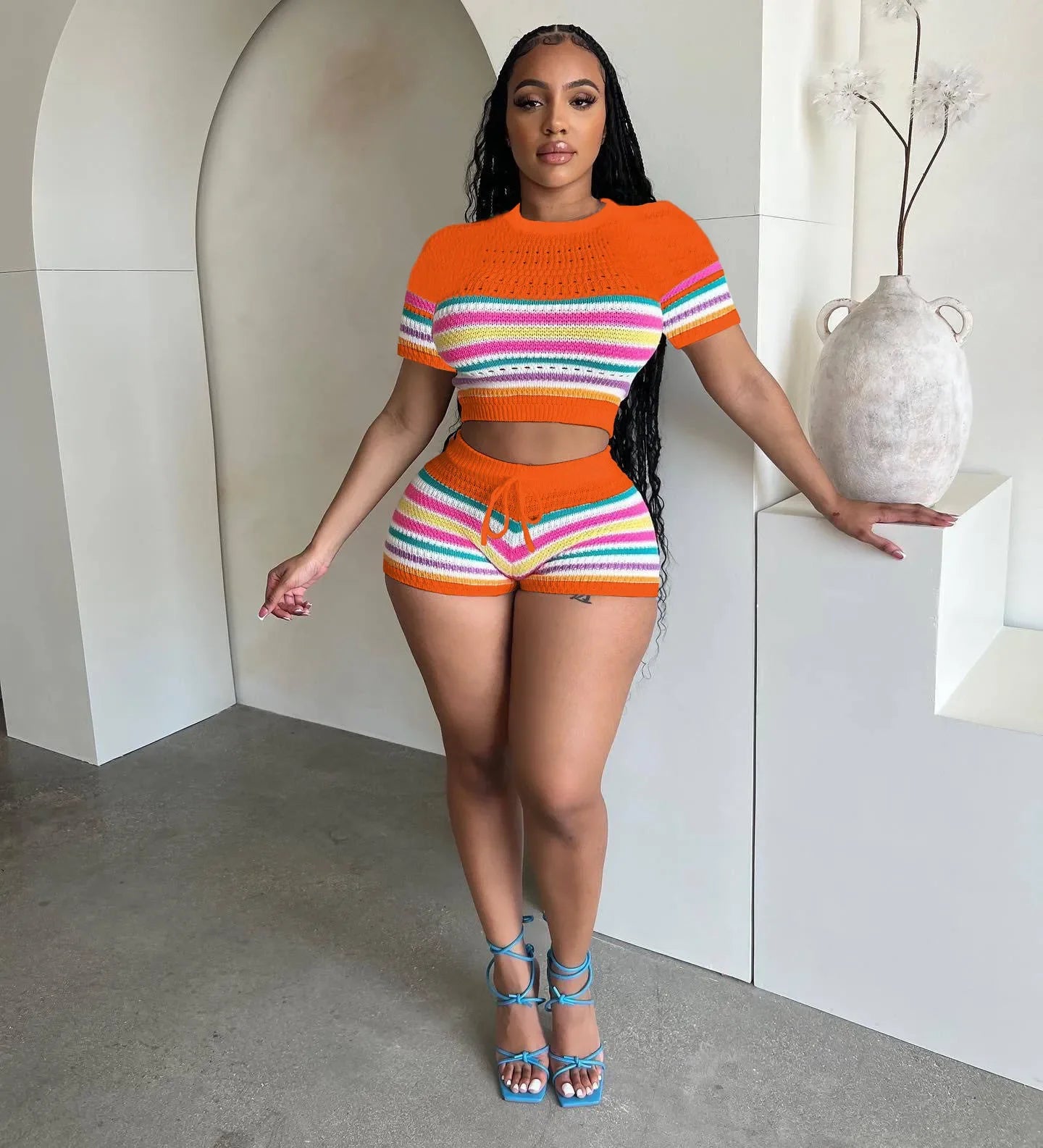 Cute Knit Striped Two-Piece Short Set