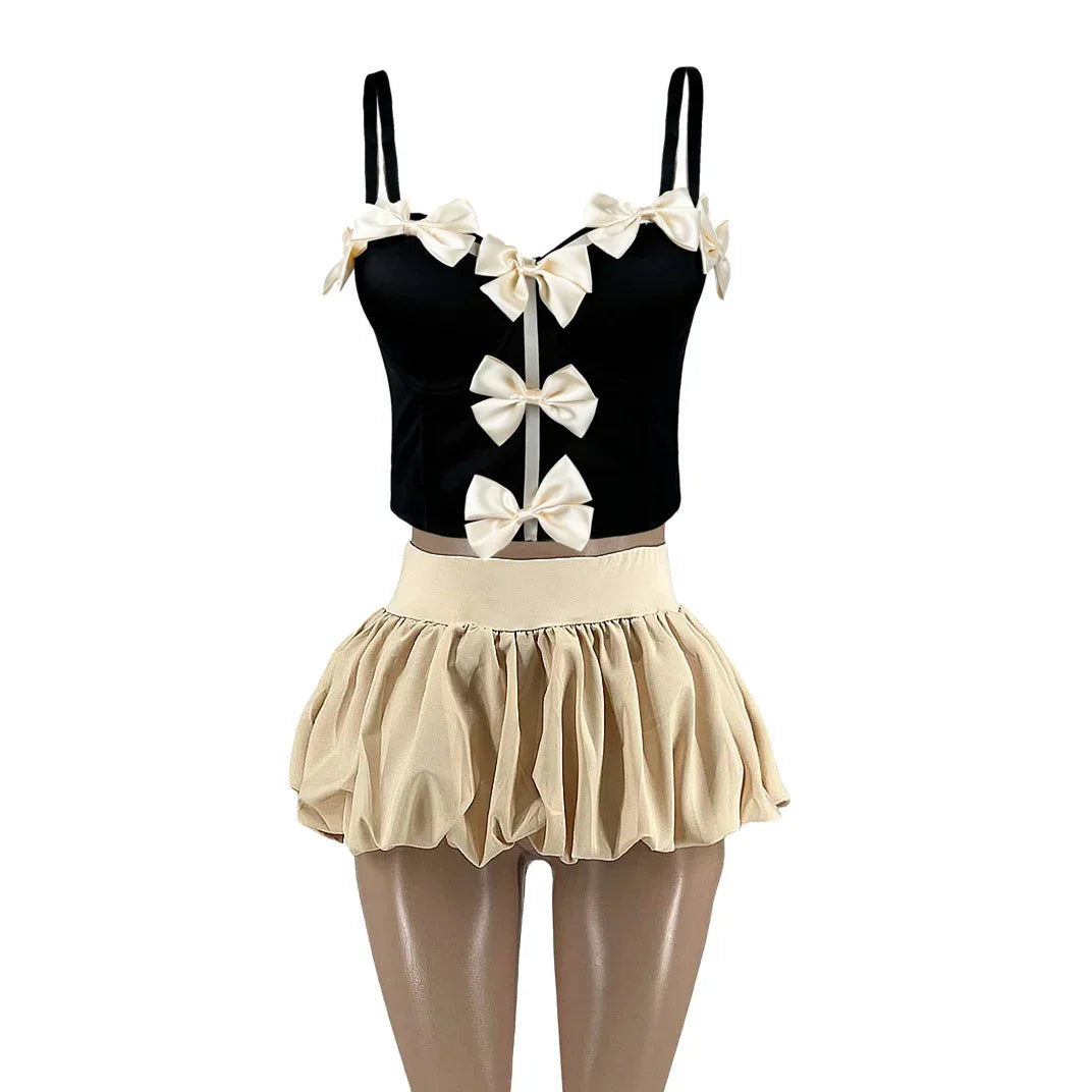 Sweet Bow Puffy Mini Skirt and Corset top