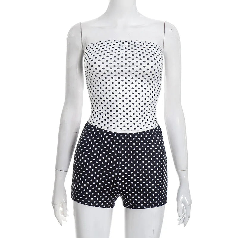 Polka Dot Print Backless Crop Top and Shorts Set