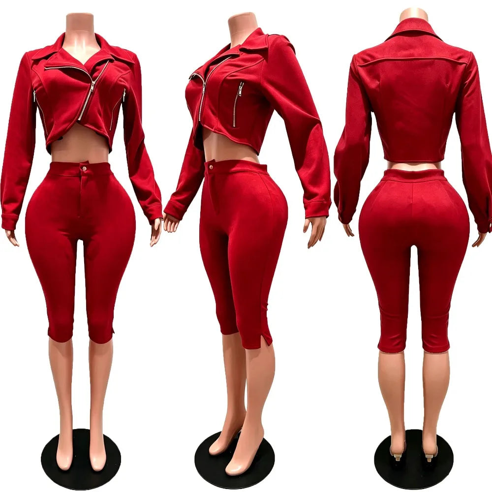 Suede Zip Crop Jacket and Capri Pants Set