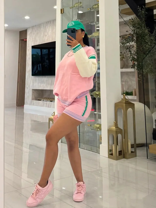 Casual Color Short Knit Two-piece Suit