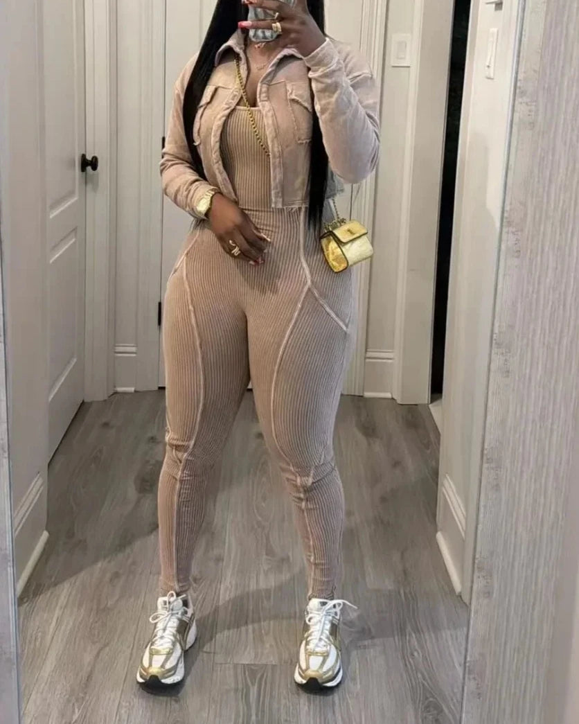 Ribbed Long Sleeve Crop Jacket + Bodycon Jumpsuit.