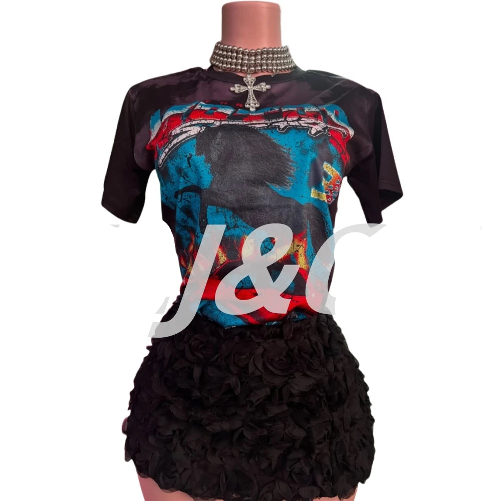 Pattern Print Top + Fur Mini Skirt Set