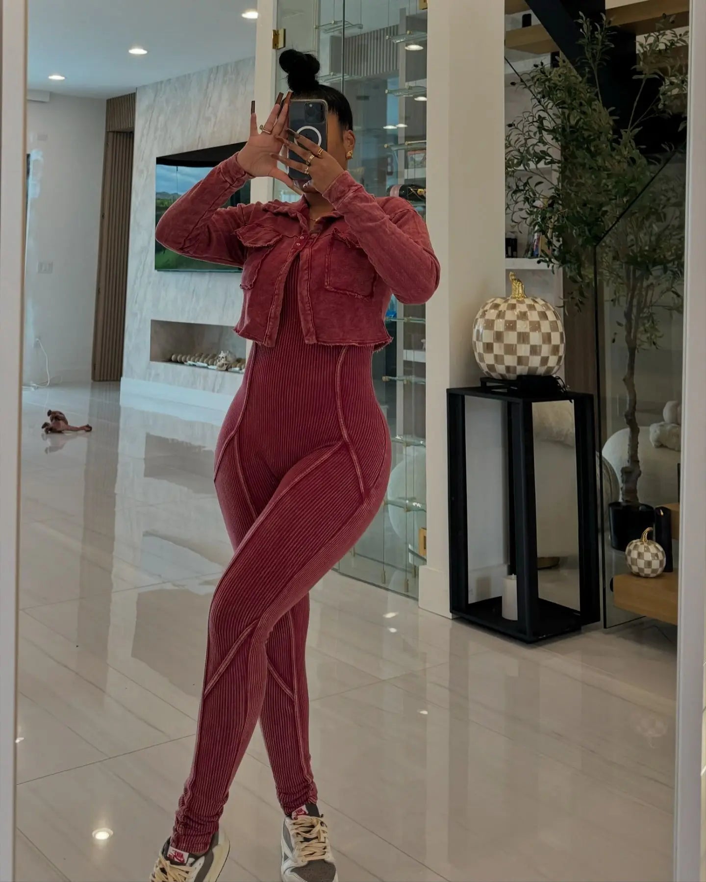 Ribbed Long Sleeve Crop Jacket + Bodycon Jumpsuit.