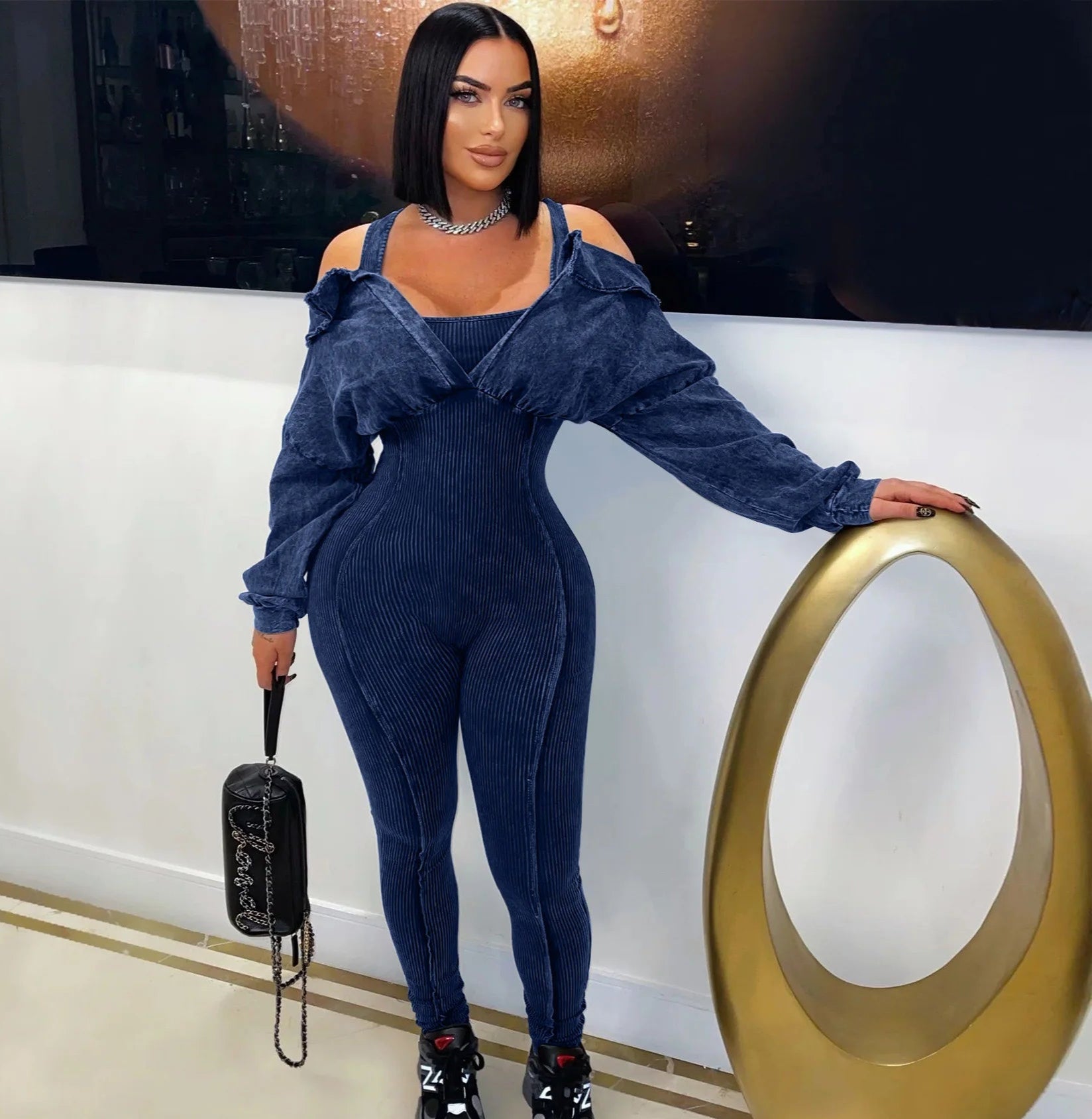 Ribbed Distressed Off Shoulder Jumpsuit.
