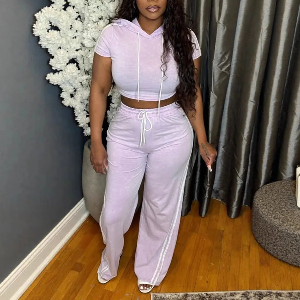 Cute and Comfy Two-Piece Stripe Crop Top and Pants Set.