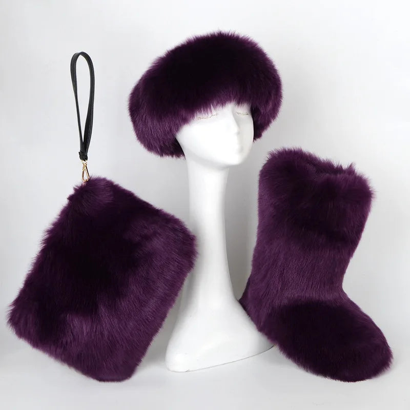 Fox Fur Snow Boots Headband and Handbag Set