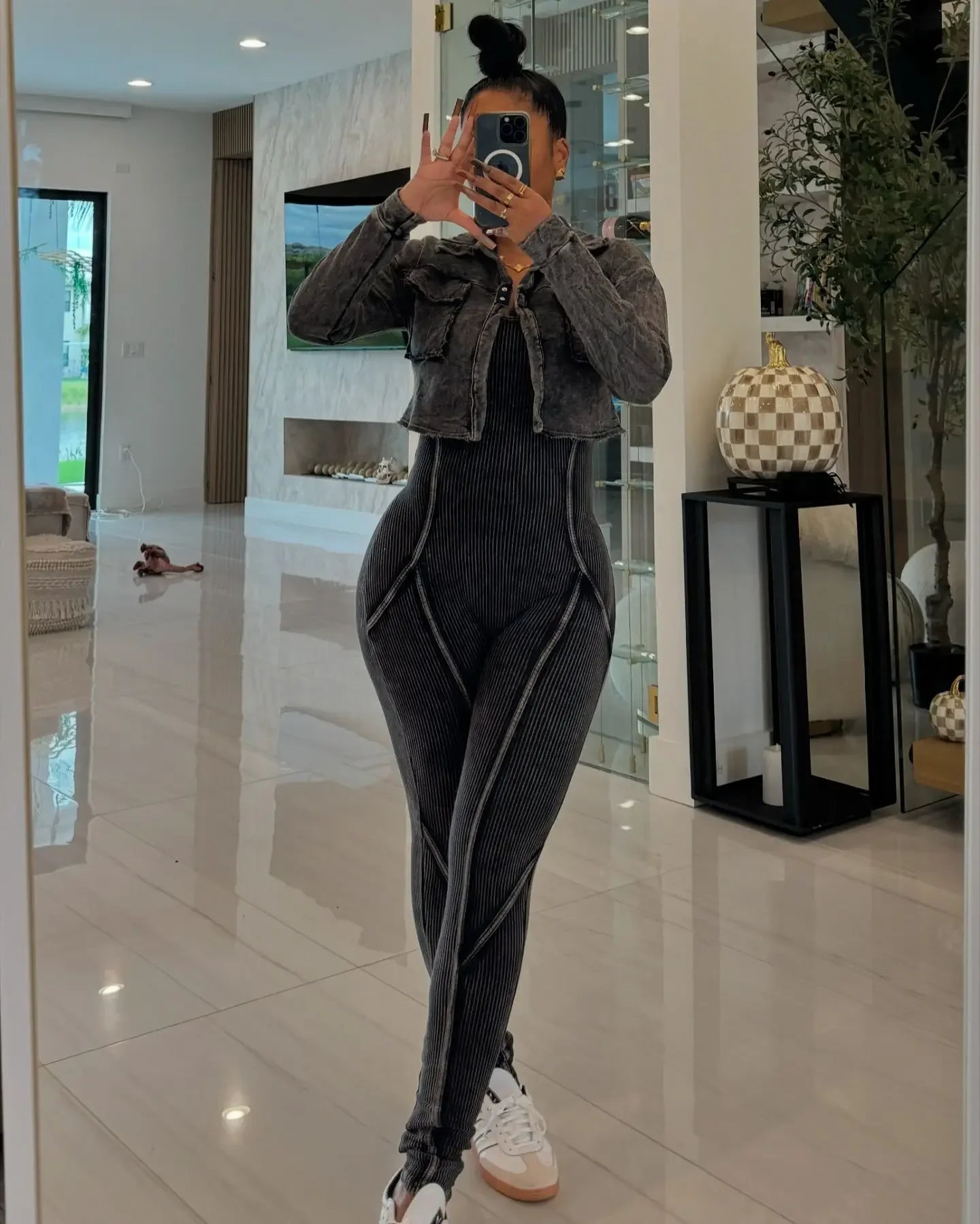 Ribbed Long Sleeve Crop Jacket + Bodycon Jumpsuit.