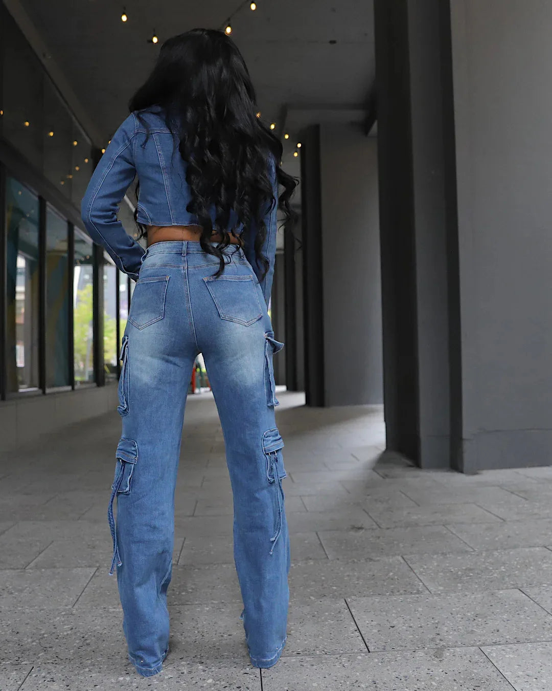 Denim Cropped Two-Piece Pant Set.