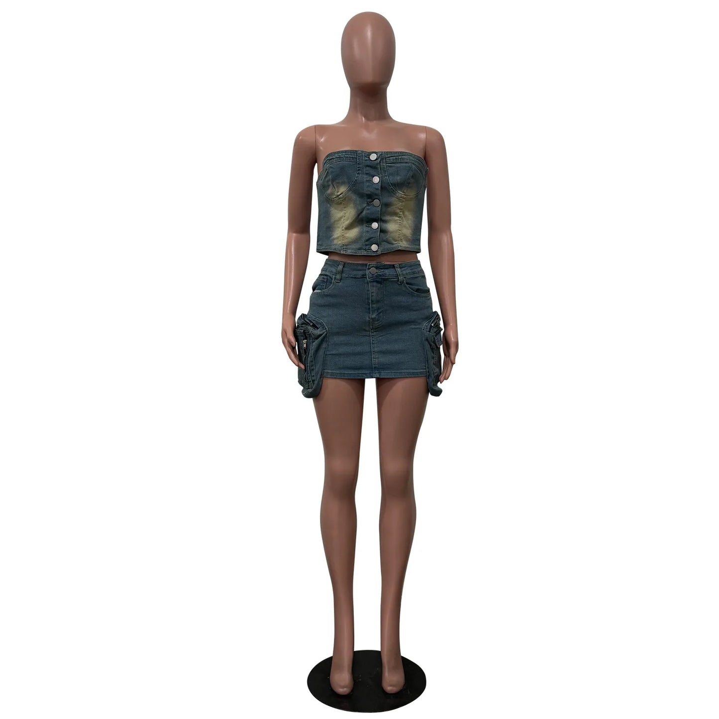Denim Backless Crop and Matching Skirt Set