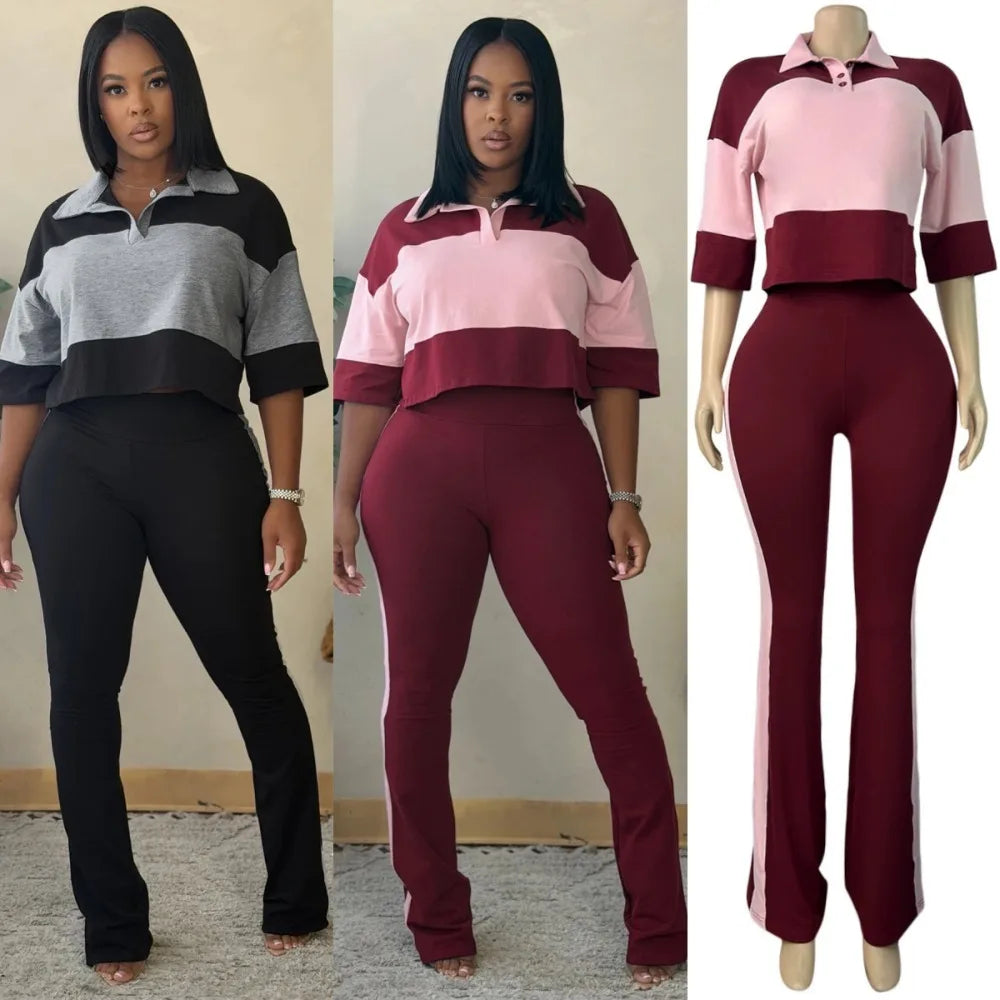 Color Block High Waist Flare Pants Set