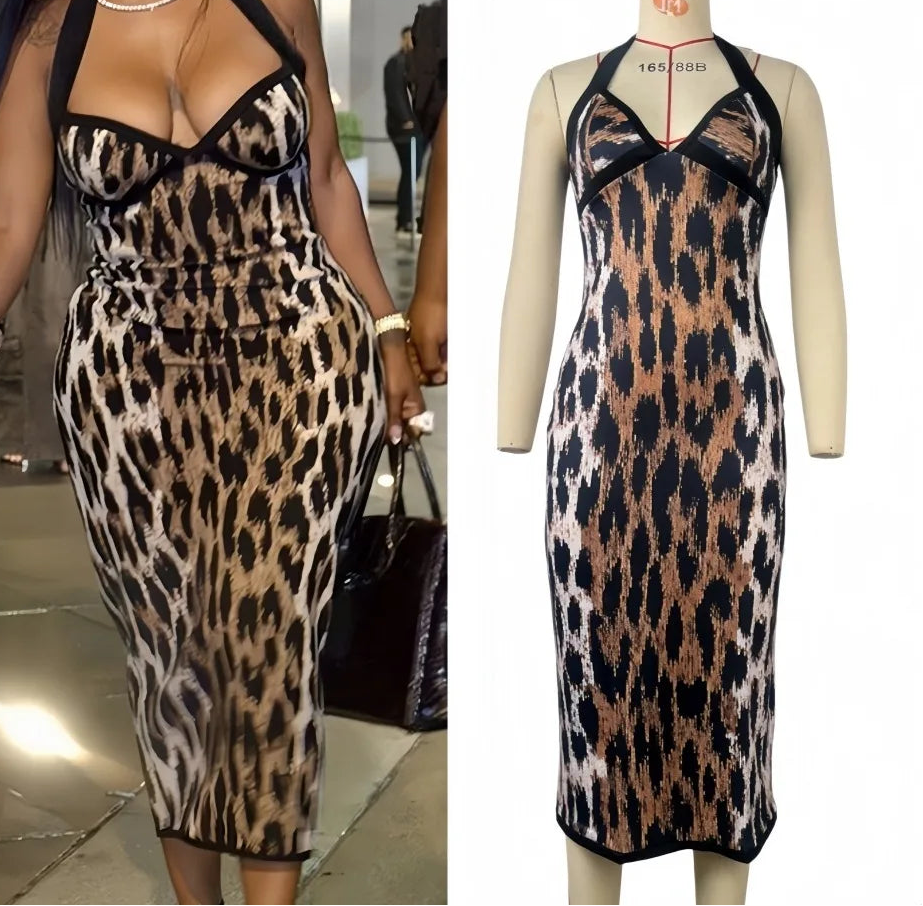 Leopard Print V-Neck Bodycon Midi Dress