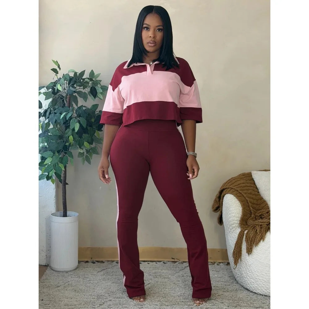 Color Block High Waist Flare Pants Set