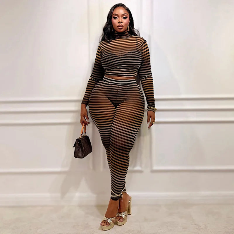 Striped Mesh See Through Bodycon Set