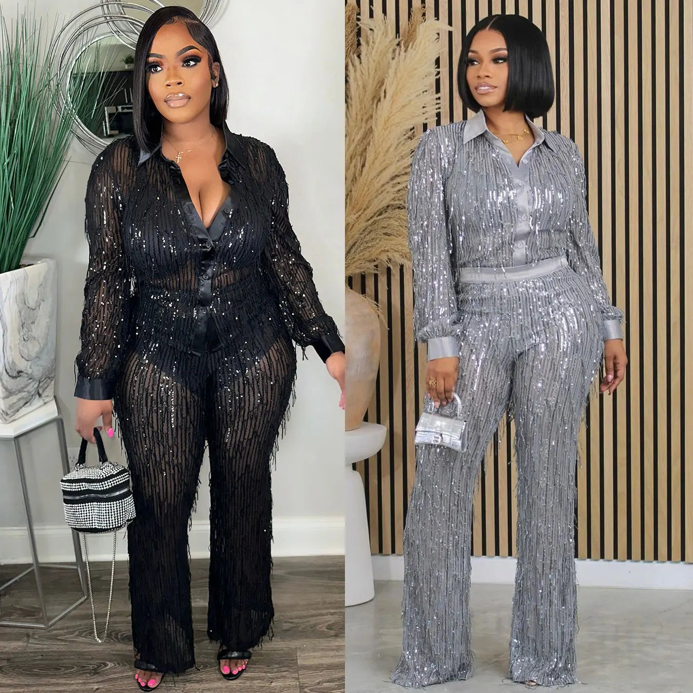 Fringe Sequin Two-Piece Pant Set