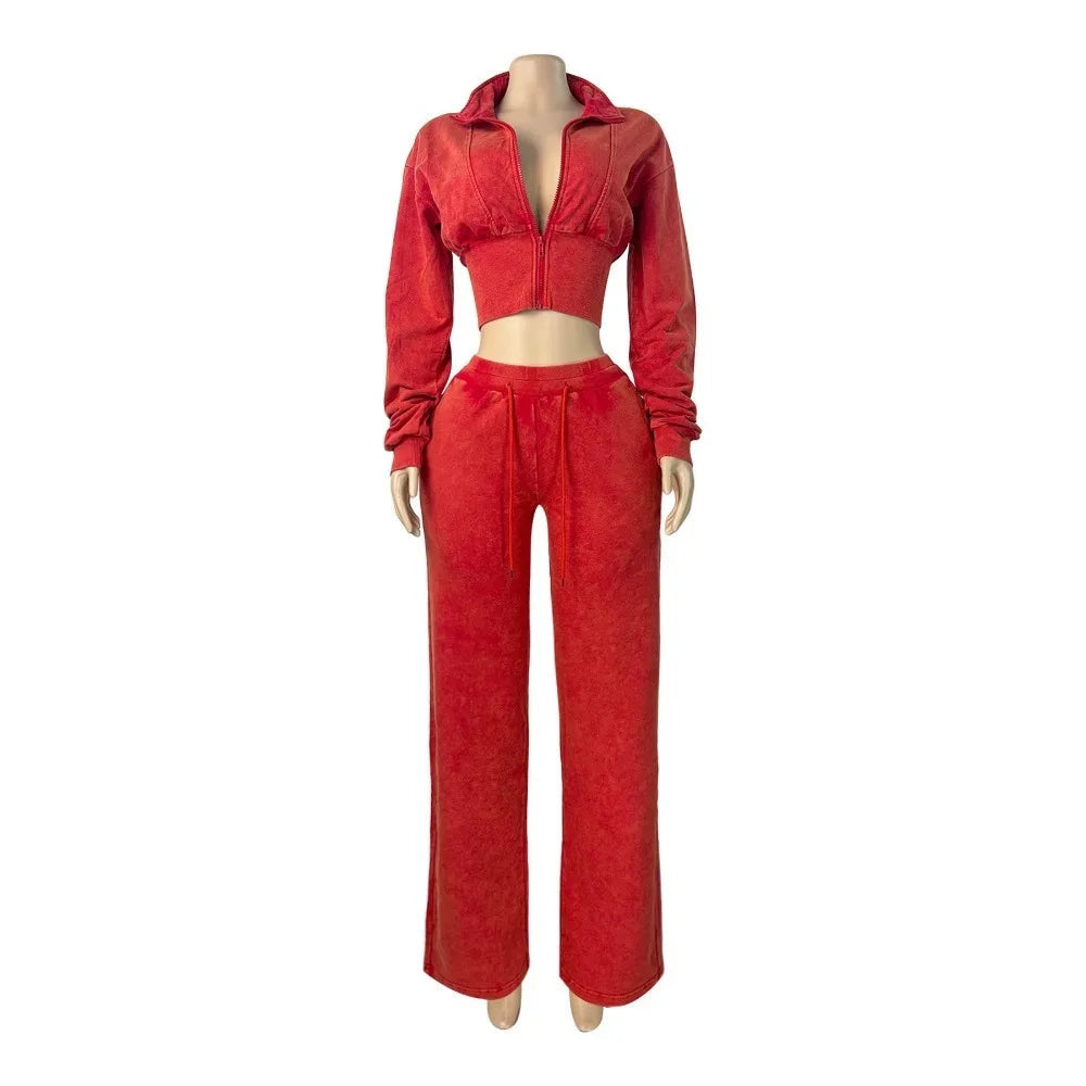 Distressed Wash Two-Piece Pants Set