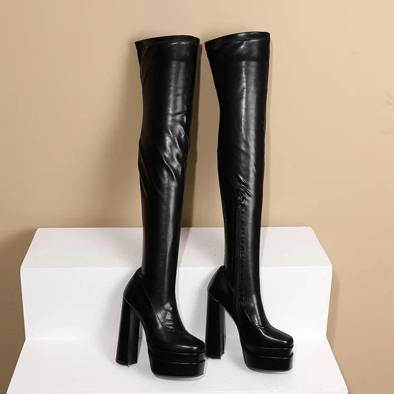 Square Toe Platform Over the Knee Heel Boots