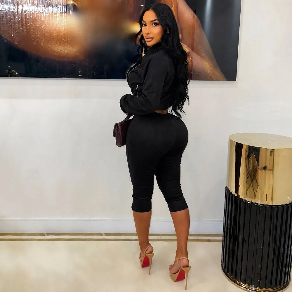 Suede Zip Crop Jacket and Capri Pants Set