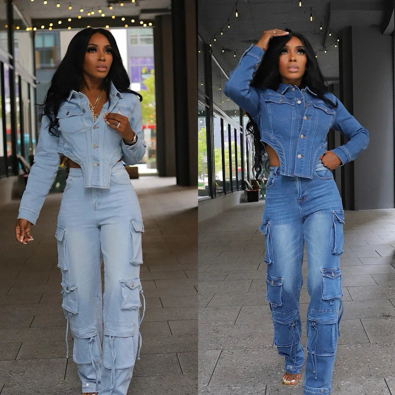 Denim Cropped Two-Piece Pant Set.