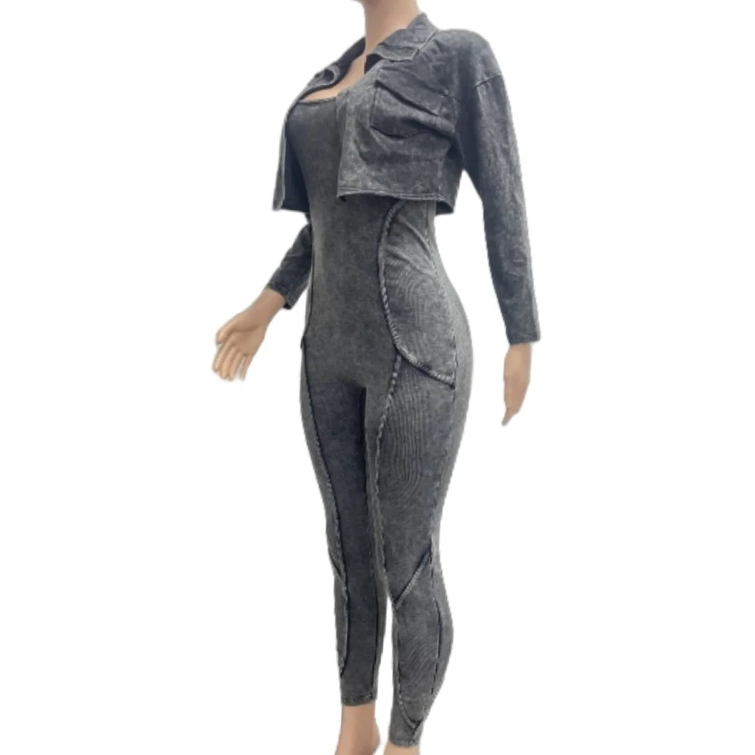 Ribbed Long Sleeve Crop Jacket + Bodycon Jumpsuit.