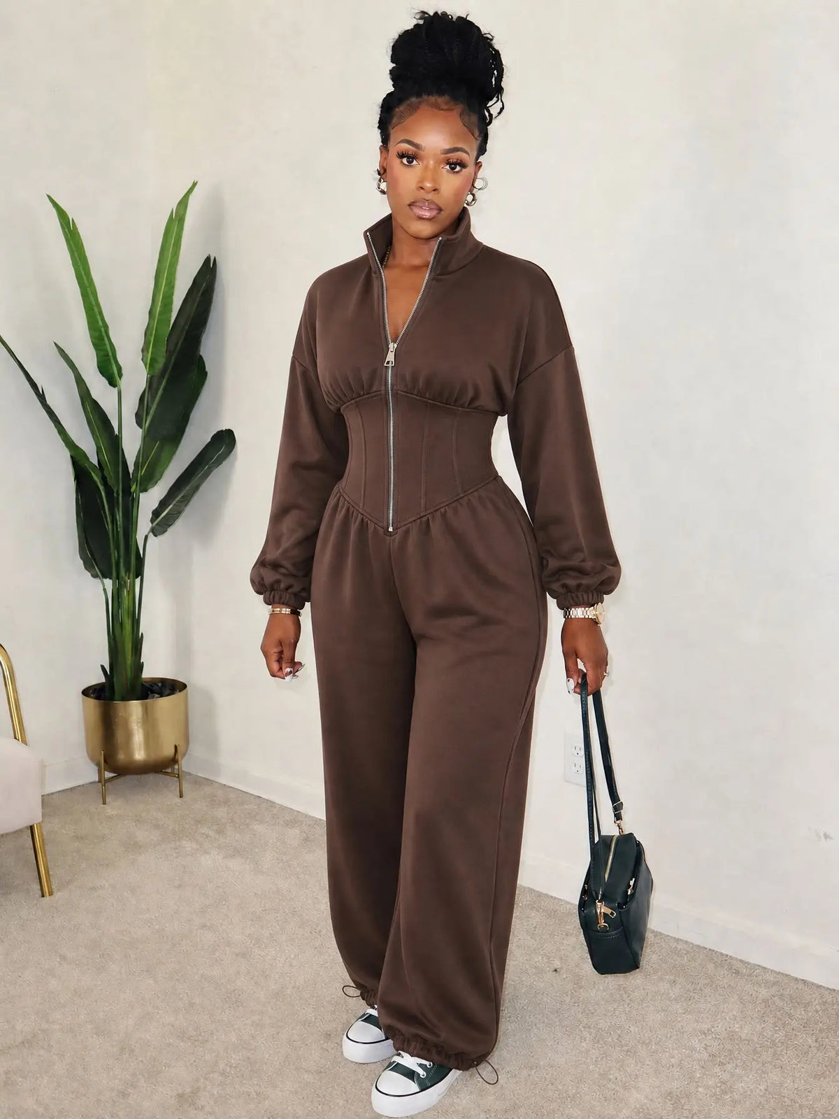 Waist Cinched Zipper Jumpsuit