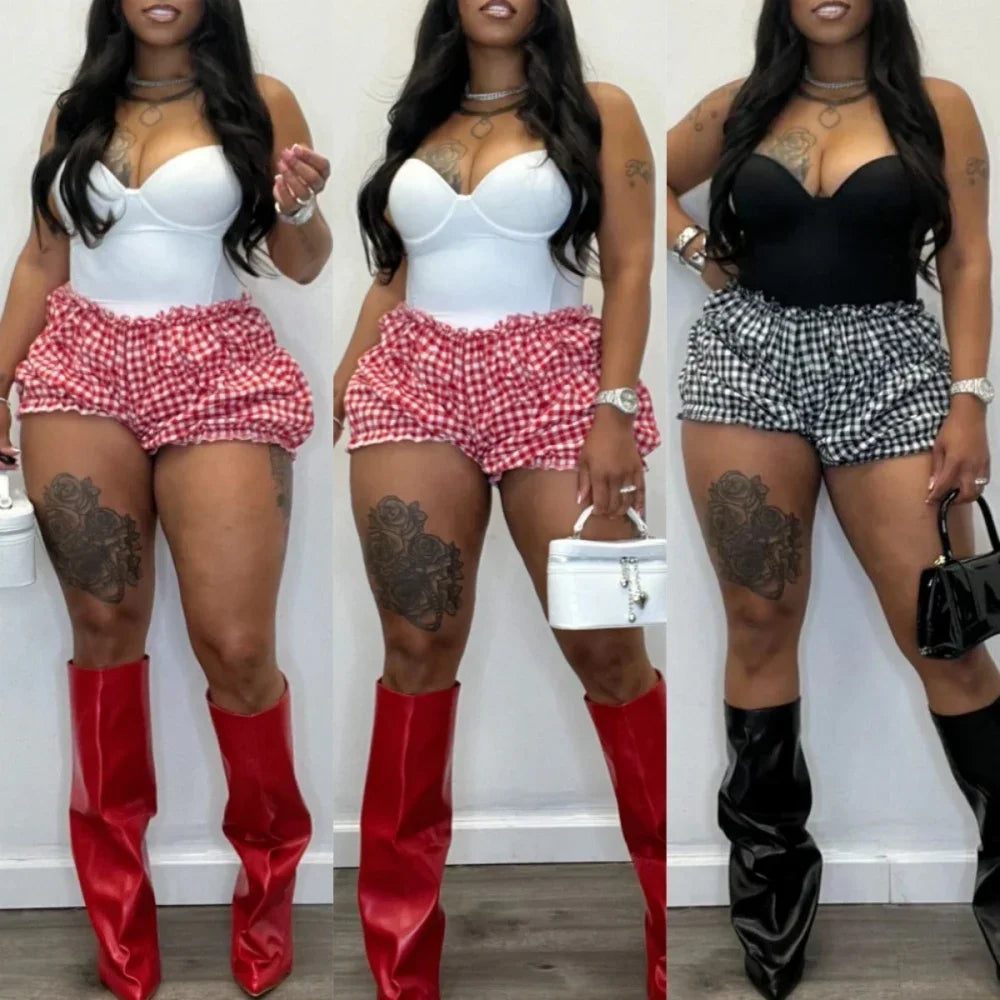 Sweet Plaid Print Ruched Shorts Two Piece-Set.